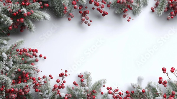 Obraz Festive Pine and Berry: A symmetrical tableau, Christmas tree branches with frosted leaves artfully frame an open space, punctuated by vibrant red berries.