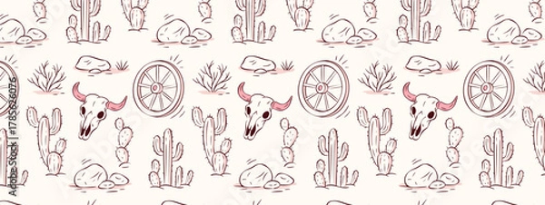 Obraz A cowgirl western seamless pattern with cactus, skull and wagon wheel in a whimsical pink vintage desert style. A cowgirl western background for fabric, boho wallpaper, or retro country design.