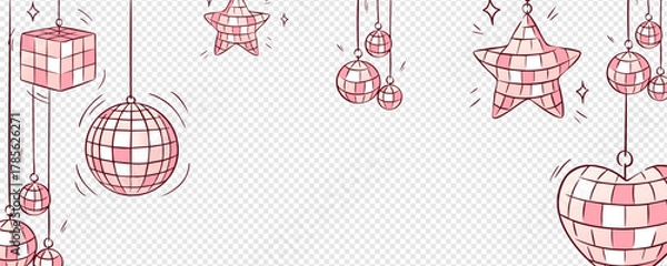 Obraz A pink cowgirl party border in vector style with bachelorette disco ball elements arranged around empty space. This hand-drawn disco ball frame is perfect for text layouts, posters or invitations.