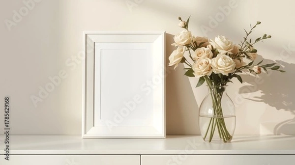 Fototapeta Minimalist White Photo Frame and Flower Vase on Dresser with Soft Natural Light