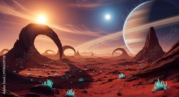 Obraz A surreal alien landscape featuring towering rock formations, multiple moons in the sky, and vibrant blue plants on a distant planet's surface under a glowing sunset