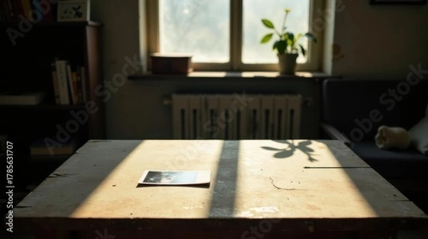Fototapeta Sunlit Tabletop with a Photograph and Hints of a Home