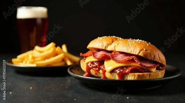 Obraz Savory Sub Sandwich with Melted Cheese, Crispy Bacon, and Zesty Sauce Served with Golden French Fries and a Refreshing Beverage