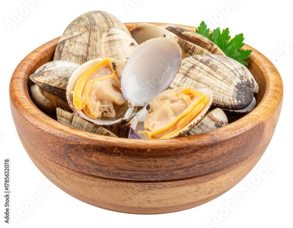 Fototapeta A wooden bowl filled with fresh clams, some open, garnished with parsley