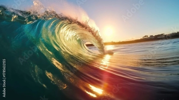 Obraz beautiful rolling seawater wave with sunset view