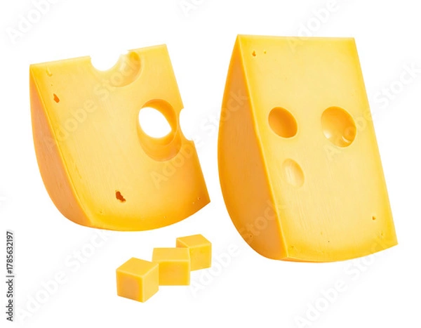Fototapeta Two wedges and cubes of a yellow dairy product with characteristic holes