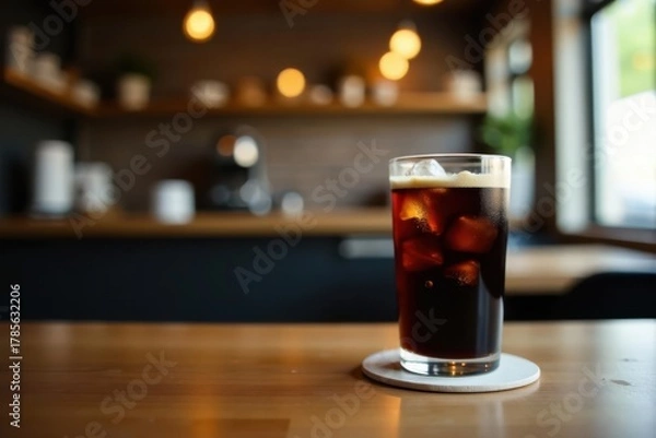 Fototapeta Refreshing Iced Coffee in a Glass on a Wooden Table in a Cafe