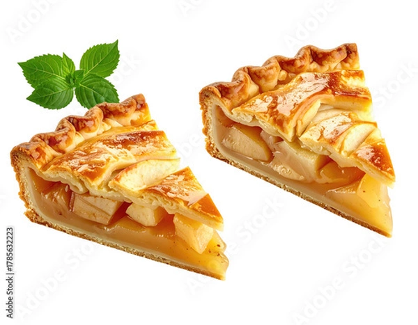 Fototapeta Two golden apple pie slices with lattice crust and a sprig of fresh green herb