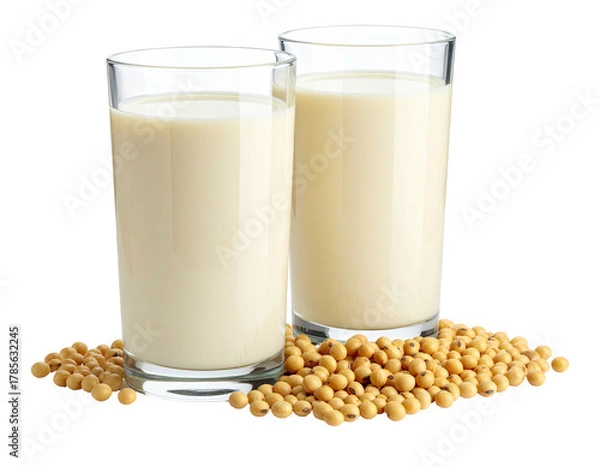 Fototapeta Two tall glasses of creamy beverage with soybeans at their base, on white