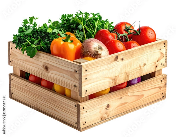 Fototapeta Wooden crate overflowing with colorful fresh vegetables, isolated on black