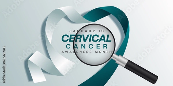 Fototapeta January is National Cervical Cancer Awareness Month. Heart shaped ribbon and Magnifying glass. Suitable for posters, banners and social media. White background.