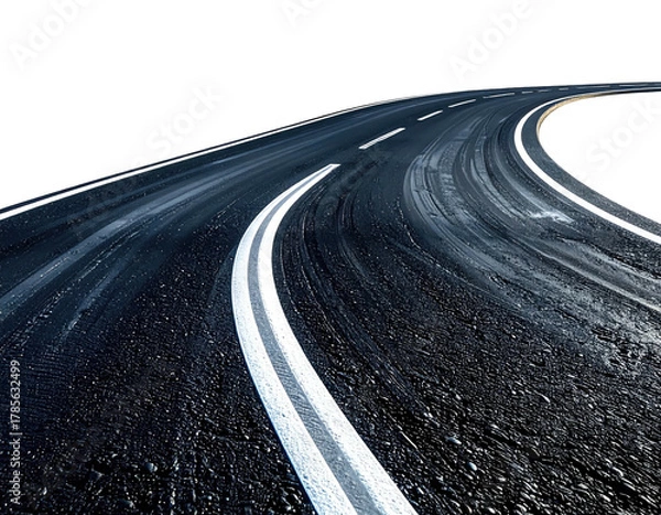 Fototapeta Asphalt road curves towards horizon with white dividing lines against a black background