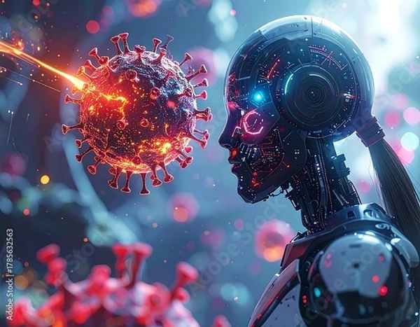 Obraz Futuristic cyborg faces a glowing virus sphere with laser beam