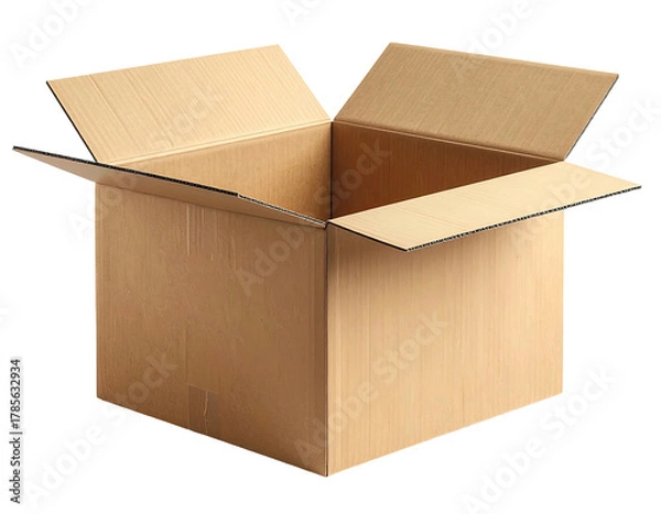 Fototapeta Open empty cardboard box with flaps open, isolated against a plain black background