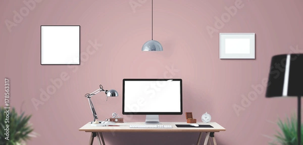 Fototapeta Computer display and office tools on desk. Desktop computer screen isolated. Modern creative workspace background. Front view.