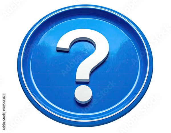 Fototapeta A glossy blue button with a white question mark in the center, on a black background