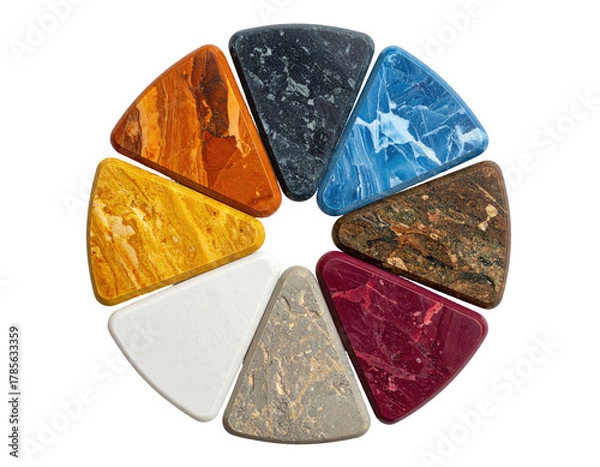 Fototapeta Eight stone-like, triangular shapes arranged in a circle, featuring different colors