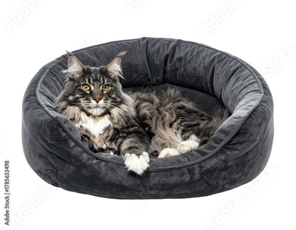 Fototapeta A fluffy cat rests in a soft, grey bed, looking directly at the viewer