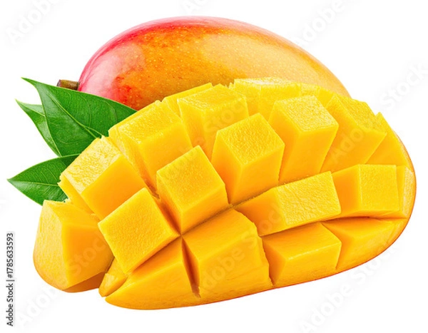 Fototapeta Ripe mango with diced section, leaves, vibrant colors, isolated on black