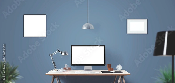 Fototapeta Computer display and office tools on desk. Desktop computer screen isolated. Modern creative workspace background. Front view.