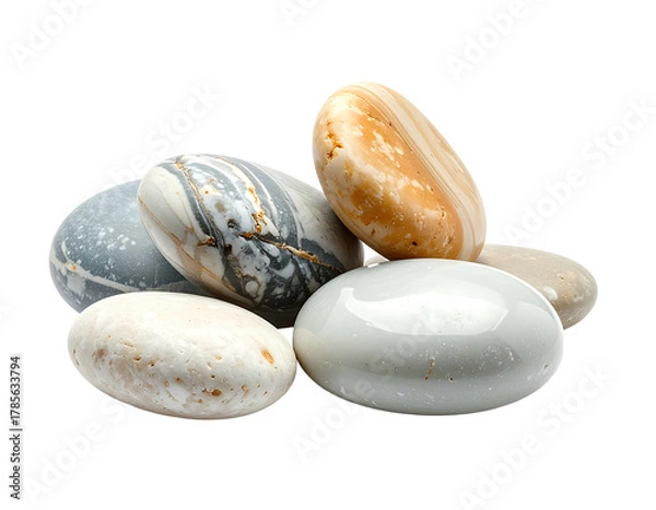 Fototapeta A close-up of various smooth, multicolored river rocks stacked against black