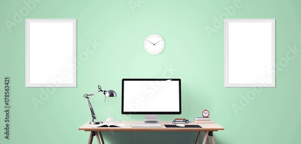Obraz Computer display and office tools on desk. Desktop computer screen isolated. Modern creative workspace background. Front view.