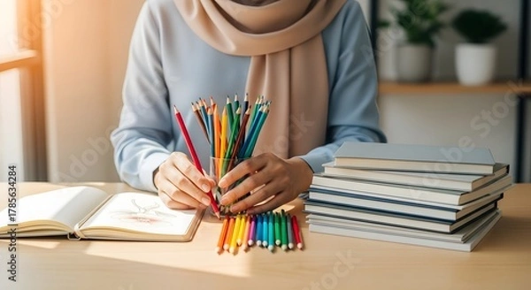 Fototapeta A person wearing a beige scarf and light blue shirt organizing colorful pencils on a wooden desk with books and a plant in the background