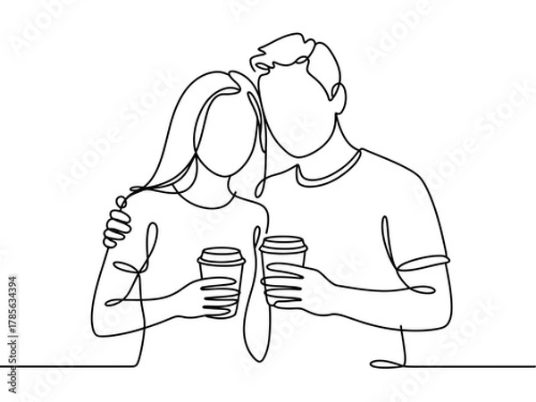 Fototapeta A couple enjoys coffee together with their arms around each other in a single line drawing.