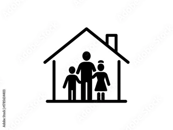 Fototapeta A family of three stands inside a simple house silhouette.