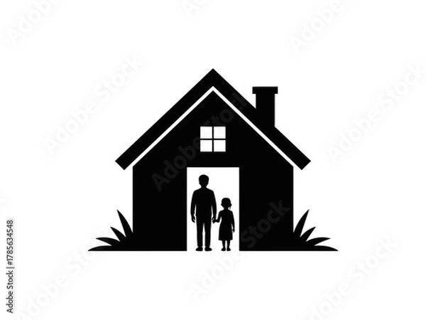 Fototapeta A person and a child stand in the doorway of a house.