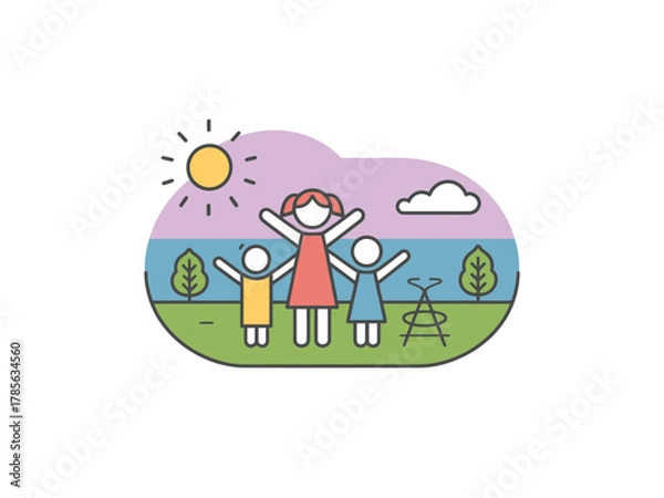 Fototapeta A parent and two children enjoying a sunny day outdoors with raised arms.