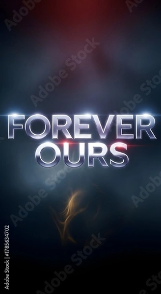 Fototapeta A captivating digital graphic featuring the words 'Forever Ours' illuminated with glowing effects against a dark, abstract background with colorful light streaks and a subtle fiery element