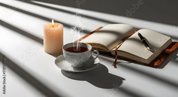 Fototapeta A cozy workspace scene featuring a steaming cup of coffee, an open notebook with a pen, a lit candle, and shadows cast by window blinds creating a calm atmosphere