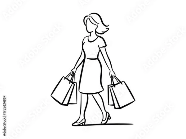 Fototapeta A woman walks with shopping bags in a stylized line drawing.