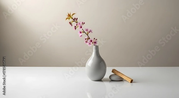 Fototapeta A minimalist still life composition featuring a white ceramic vase with pink flowers, a smooth stone, and a wooden stick on a clean white surface against a neutral background