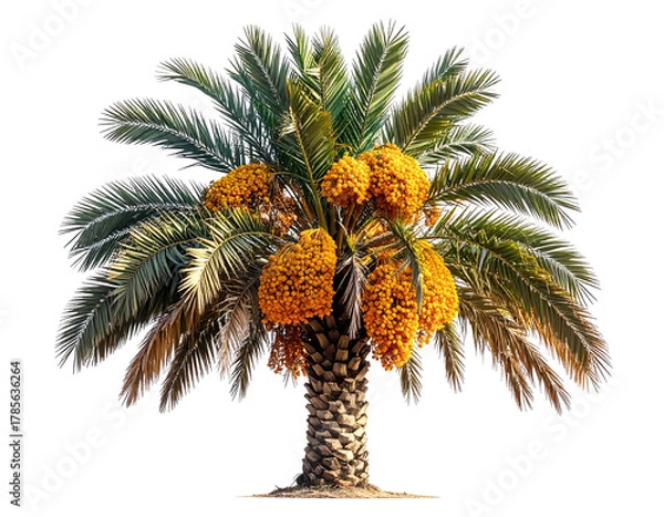Fototapeta Palm tree with cascading fruit clusters, set against a clean black background