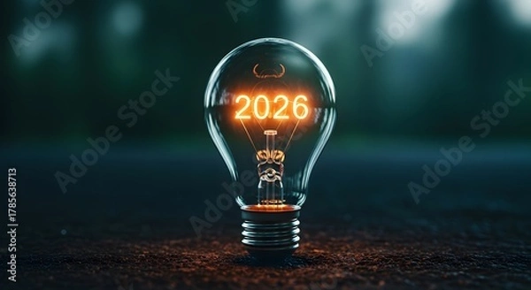 Fototapeta Illuminated light bulb with glowing year 2026 symbolizing future ideas and innovation