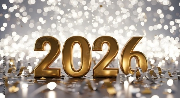 Obraz Golden 2026 numbers illuminated by sparkling festive lights and confetti celebration