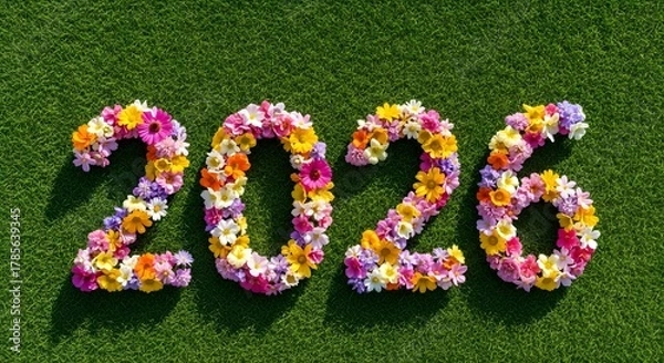 Obraz Vibrant floral numbers 2026 arranged on lush green grass in sunlight