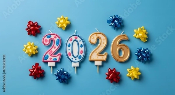 Fototapeta Happy new year 2026 celebration with colorful candles and festive bows on blue background