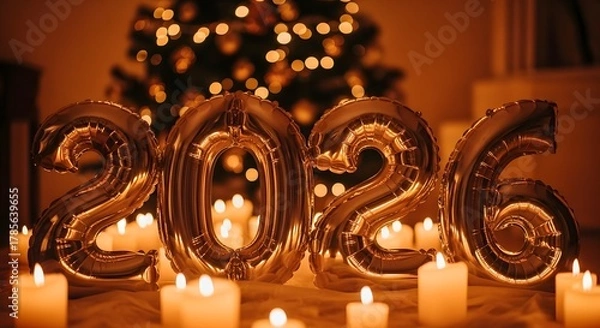 Obraz Golden 2026 balloons illuminated by warm candlelight in front of a blurred christmas tree