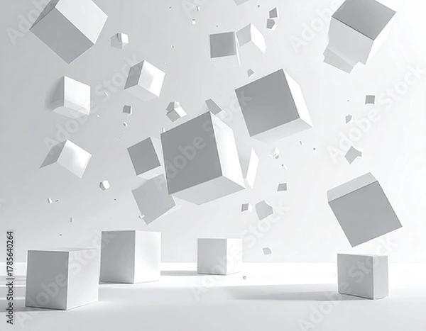 Obraz Floating, stacked white cubes on a bright white backdrop