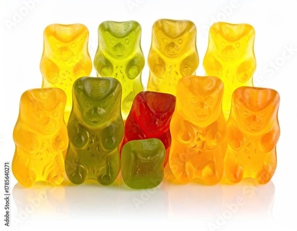 Obraz Gummy bear group, various translucent colors, white backdrop