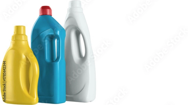 Fototapeta Colorful plastic detergent bottles representing household cleaning supplies, product packaging concepts and hygiene maintenance tools, isolated on transparent background, PNG.