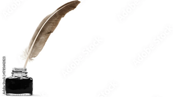 Fototapeta Vintage feather quill placed inside classic ink bottle symbolizing traditional writing, literature history and creative authorship, isolated on transparent background, PNG.