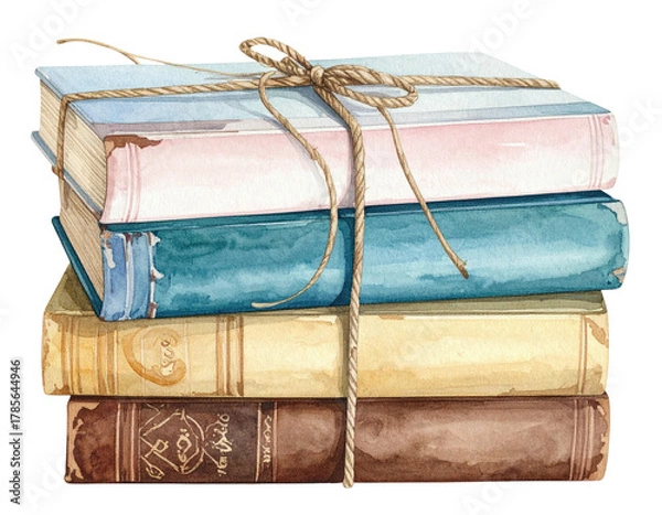 Fototapeta Stack of vintage books, tied with twine, rendered in soft watercolor hues