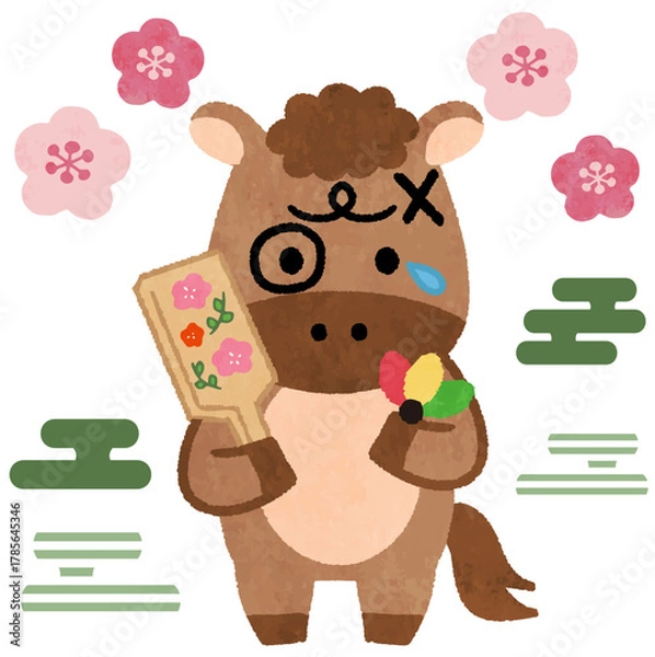 Obraz 羽子板をするかわいい馬・午年の2026年年賀状アイコンイラスト