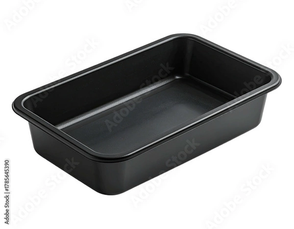 Fototapeta A rectangular, empty, black metal baking pan, viewed at a slight angle on black