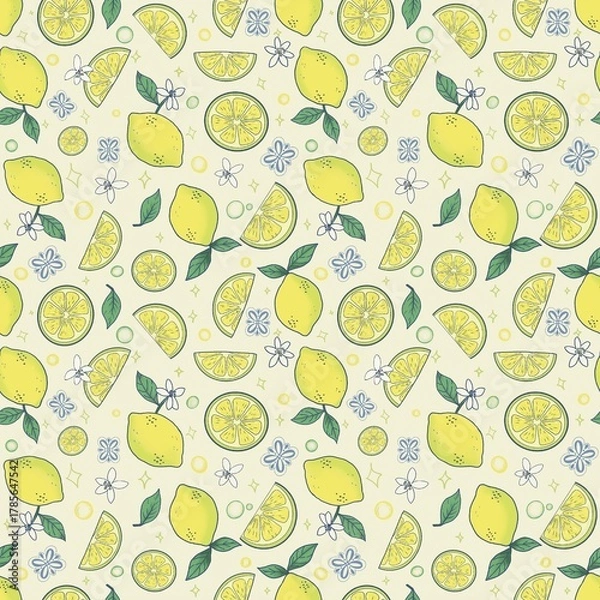 Fototapeta Bright and refreshing seamless lemon pattern featuring whole lemons, slices, and citrus flowers. Perfect for summer designs, packaging, kitchen decor, fabric prints, and digital papers.