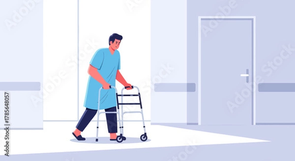 Obraz Hospital Patient Slowly Walking With A Walker During The Recovery Process
